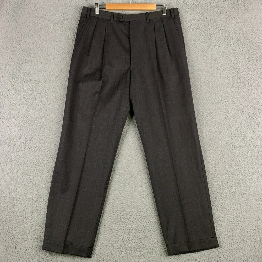 Lauren Ralph Lauren Wool 2 Piece Suit 42L Gray Windowpane Pleated Pants 36x32